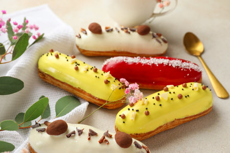 Delicious glazed eclairs and floral decor on gray background