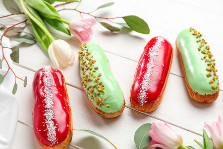 Delicious glazed eclairs and tulips on white wooden tableの写真素材