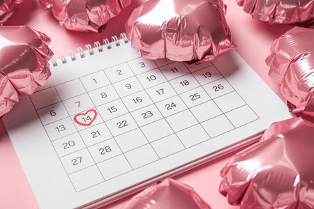 Calendar with marked date of Valentine's Day and balloons on pink background, closeupの写真素材