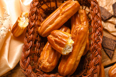 Wicker basket of tasty eclairs on table, closeupの写真素材