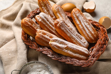 Wicker basket with sweet eclairs and sugar powder on fabric background, closeupの写真素材