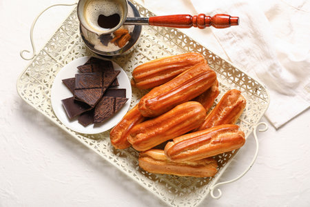 Tray with tasty eclairs, chocolate and jezve of coffee on light backgroundの写真素材