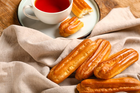 Napkin with tasty eclairs on wooden table, closeup