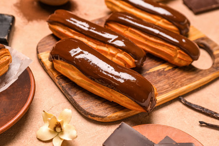Wooden board with tasty chocolate eclairs on color background