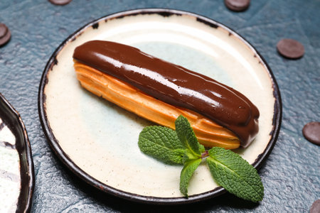 Plate with tasty chocolate eclair and mint twig on dark color background, closeupの写真素材