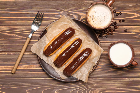 Plate with chocolate eclairs, cup of coffee and milk on wooden background