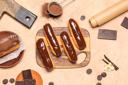 Composition with wooden board with tasty eclairs, chocolate and cocoa powder on color background