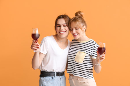 Young transgender couple with glasses of wine on color background. Valentine's Day celebrationの写真素材