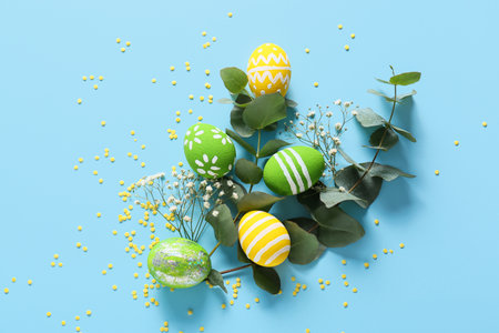 Composition with beautiful Easter eggs on color background