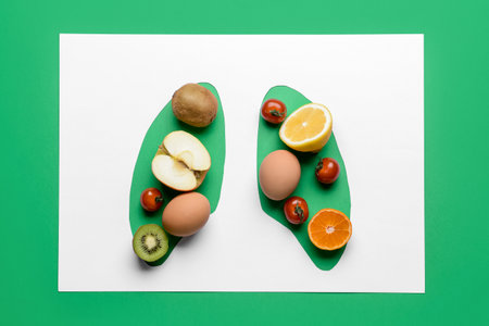 Cut paper with shape of human lungs and fresh products on color backgroundの写真素材