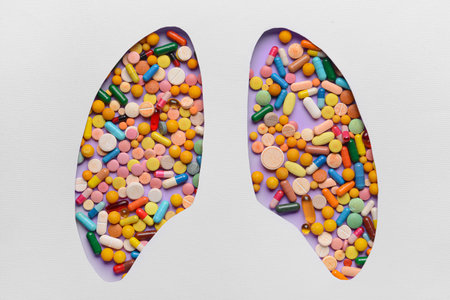 Cut paper with shape of human lungs and pills on color backgroundの写真素材