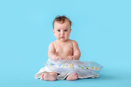 Cute baby with inflatable ring on color background
