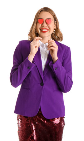 Funny young woman with small red hearts isolated on whiteの写真素材