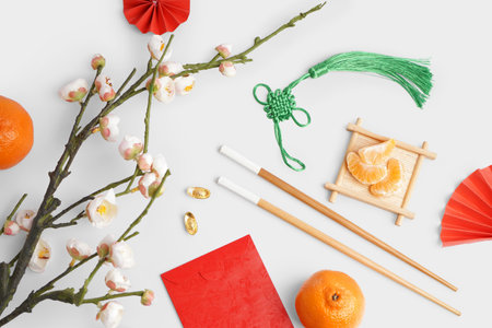 Red envelope, mandarins and Chinese symbols on white backgroundの写真素材