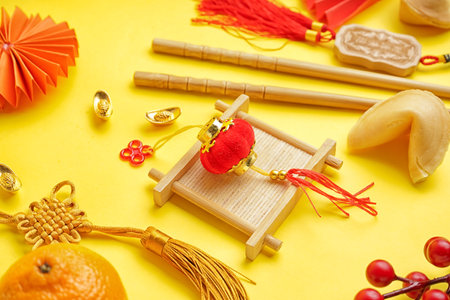 Different Chinese symbols on yellow background, closeupの写真素材