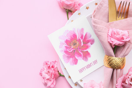Beautiful table setting for Mother's Day on color background