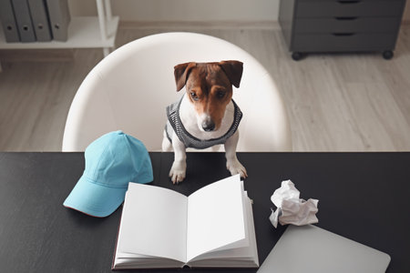 Cute business dog working in officeの写真素材
