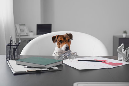 Cute business dog working in officeの写真素材