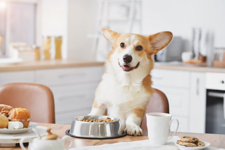 Cute funny dog at the table in the kitchenの写真素材