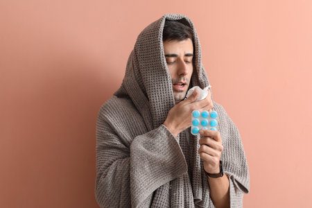 Sick man with pills on color backgroundの写真素材