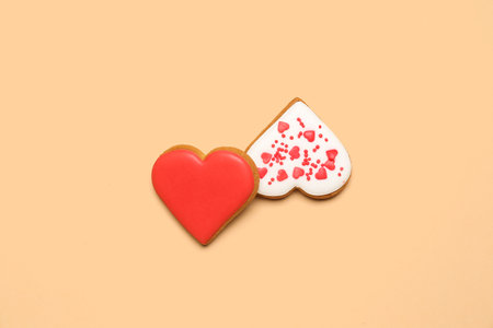 Tasty heart shaped cookies on color background. Valentine's Day celebrationの写真素材