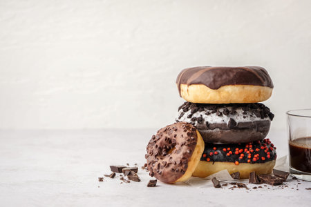 Delicious chocolate donuts on white table