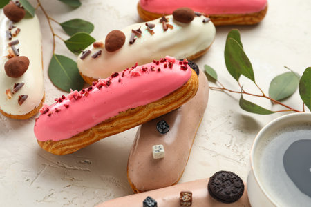 Delicious glazed eclairs and eucalyptus on light backgroundの写真素材
