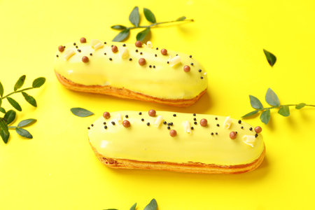 Delicious glazed eclairs and eucalyptus on yellow backgroundの写真素材