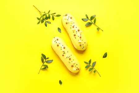 Delicious glazed eclairs and eucalyptus on yellow backgroundの写真素材