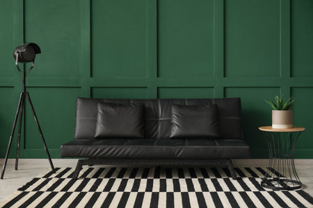 Interior of living room with black couch, lamp and tableの写真素材