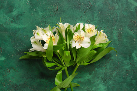 Bouquet of white alstroemeria flowers on green backgroundの写真素材