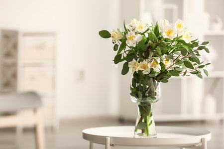 Bouquet of alstroemeria flowers on table, closeupの写真素材