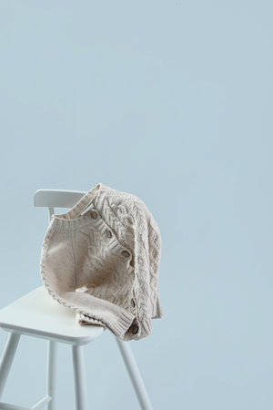 Chair with children's cardigan on gray backgroundの写真素材