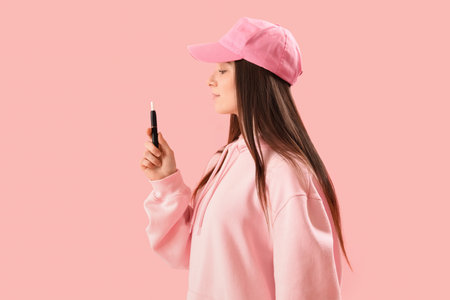 Young woman in cap with disposable electronic cigarette on pink backgroundの写真素材