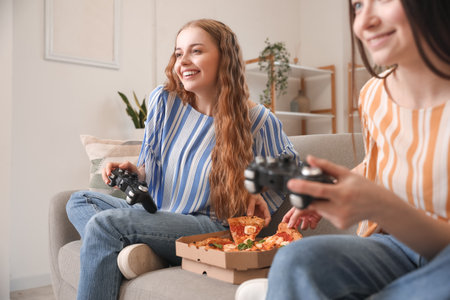 Young women with tasty pizza playing video game at home