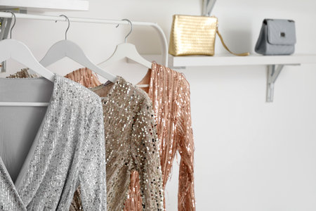 Rack with stylish female dresses in dressing room, closeupの写真素材