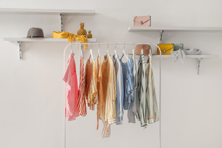 Rack with striped clothes, shelves and accessories on light wallの写真素材