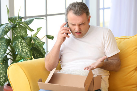 Senior man with parcel talking by mobile phone at home