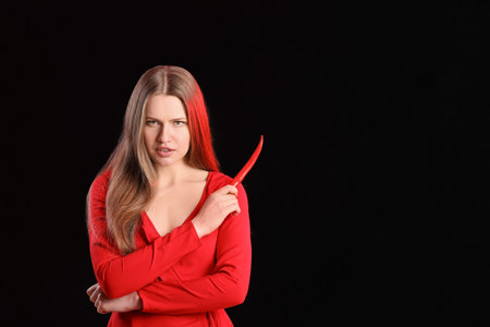 Sexy young woman with hot chili pepper on dark background