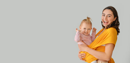 Happy woman and her little daughter on light backgroundの写真素材