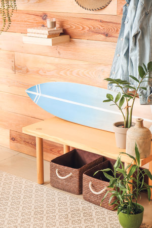 Interior of modern room with surfboardの写真素材