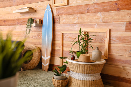 Interior of modern room with surfboardの写真素材