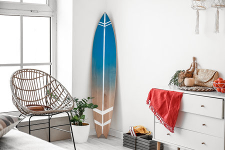 Interior of stylish room with surfboard