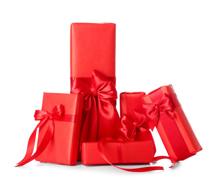 Stack of different gifts for Valentine's Day celebration on white backgroundの写真素材