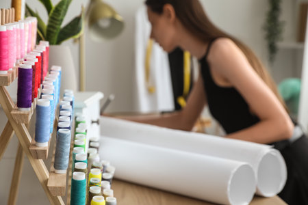 Organizer with thread spools on tailor's table in atelier, closeupの写真素材