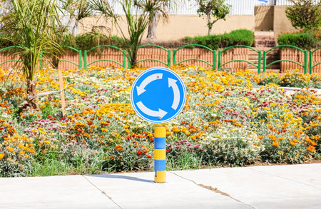 Circular motion sign and flowers on city streetの写真素材