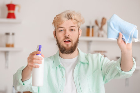 Young man with cleaning supplies in the kitchenの写真素材