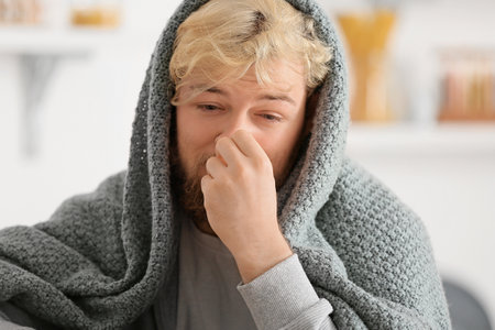 Sick young man at homeの写真素材