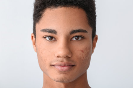 African-American teenage boy with acne problem on light backgroundの写真素材