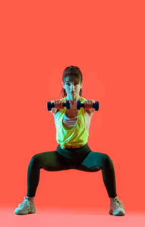 Sporty young woman training with dumbbells on color backgroundの写真素材